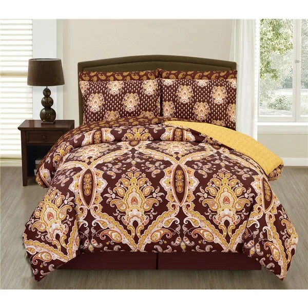 Microfiber - filled comforters that are lightweight and easy to care forCouture Home Collection Miranda Damask Printed 4-Piece Reversible Comforter Set