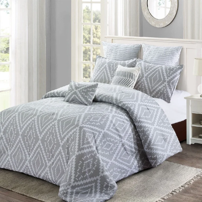 Queen - size comforters for standard queen - sized mattressesStyle quarters - Ikat Geo 7pc Comforter Set - 100% cotton - Gray Ikat Abstract Geometric Pattern - Machine Washable - King