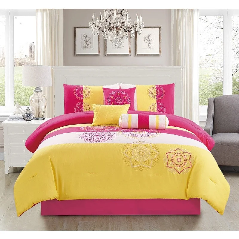 Full - size comforters suitable for full - sized beds in guest rooms or small bedroomsCarlotta Yellow Embroidery 7-piece Comforter Set