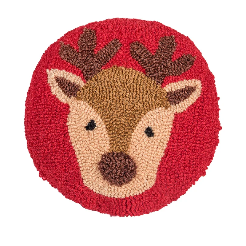 Cotton Pillows for Natural ComfortRound Reindeer Hooked Mini Pillow