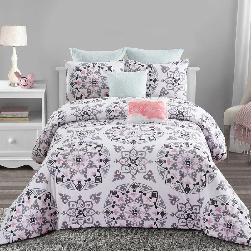 Queen - size comforters for standard queen - sized mattressesStyle quarters-Callie Medallion 7pc Comforter Set-100% cotton-Black Gray and Pink Medallion Print - Machine Washable - King