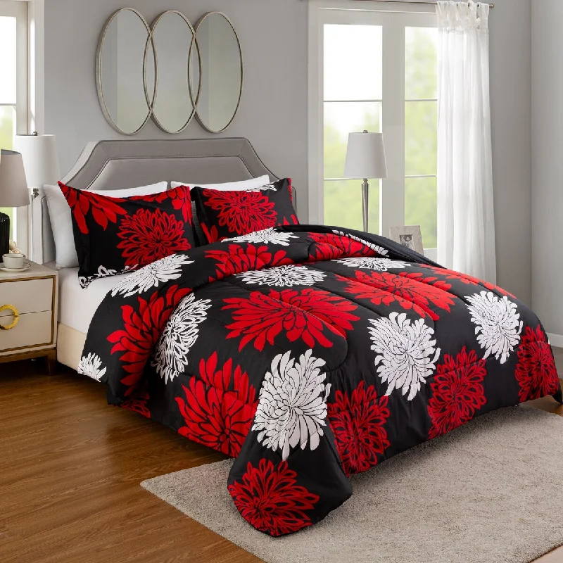 Cotton - filled comforters for a breathable and natural sleep experienceHome Decor Soft Luxury Fluffy Goose Down Alternative Bedding Printed Comforter Set, Modern Red White Floral Black Base