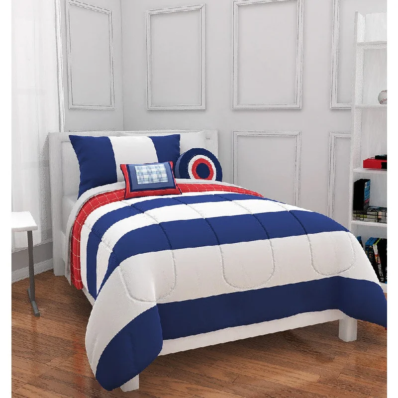 Latex - filled comforters with a bouncy texture and good supportNavy/White Rugby Stripe 4-piece Comforter Set