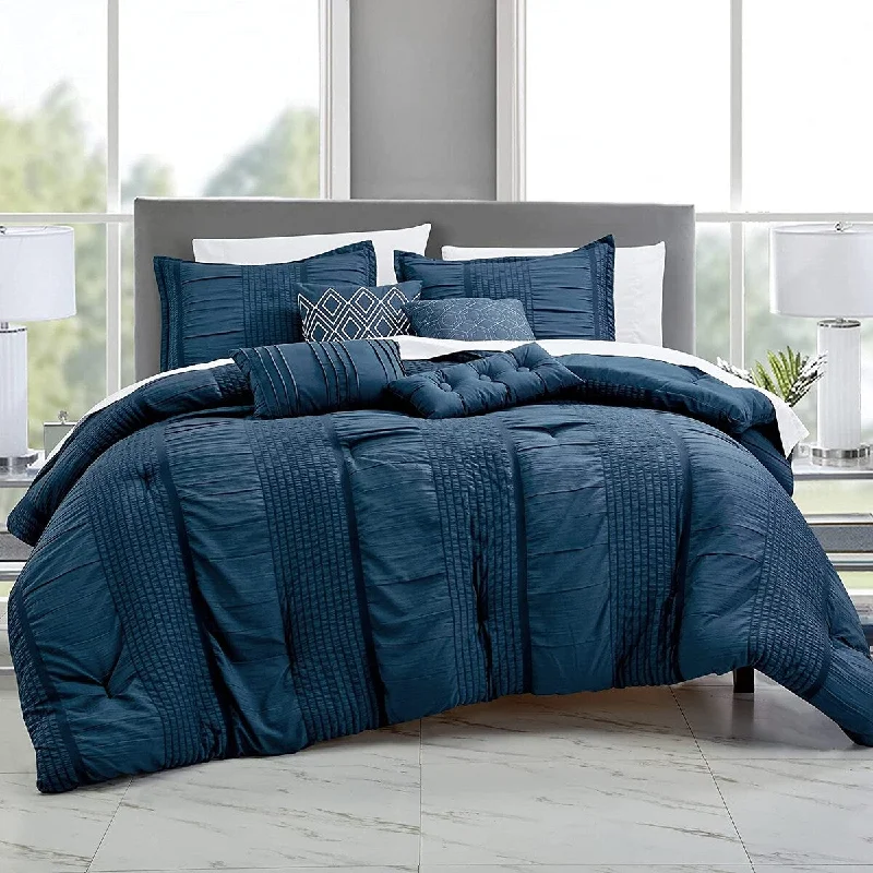 Down - filled comforters for supreme warmth and lightnessShatex 7-Pieces Dark Blue Luxury Embroidery Microfiber Polyester King Comforter Set