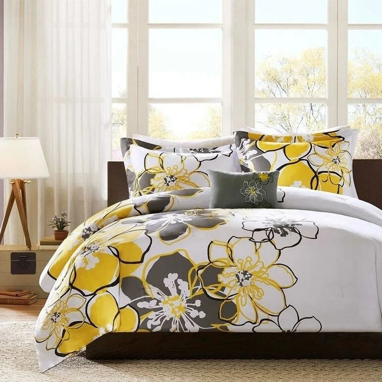 Microfiber - filled comforters that are lightweight and easy to care forDaily Boutik Queen size 4-Piece Comforter Set with Yellow Grey Floral Pattern