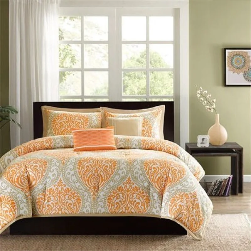 Bamboo - fiber - filled comforters with antibacterial and breathable qualitiesDaily Boutik Twin size 4-Piece Orange White Damask Print Comforter Set