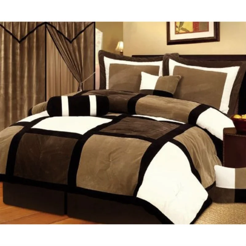 Bamboo - fiber - filled comforters with antibacterial and breathable qualitiesDaily Boutik Queen size 7-Piece Patchwork Comforter set in Brown White Black