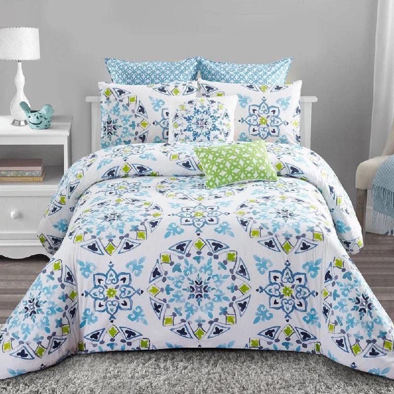 Wool - filled comforters with natural moisture - wicking and temperature - regulating featuresStyle quarters - Cassie 7pc Comforter Set - 100% cotton-Charming Blue and Green Medallion Print - Machine Washable - King