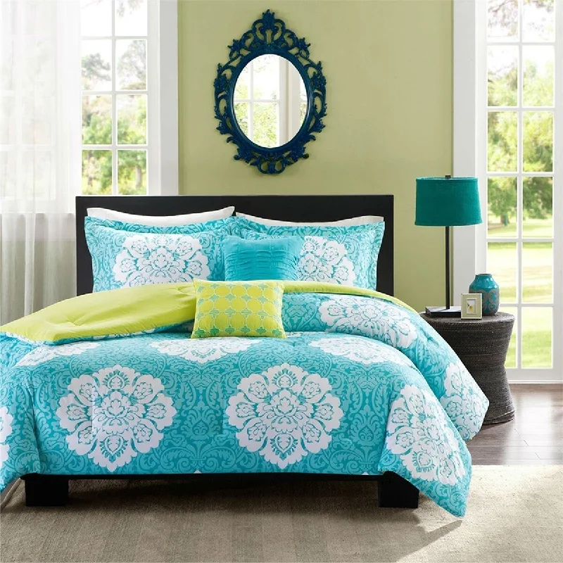 Microfiber - filled comforters that are lightweight and easy to care forDaily Boutik King size 5-Piece Floral Damask Comforter Set in Teal Blue White and Green Colors