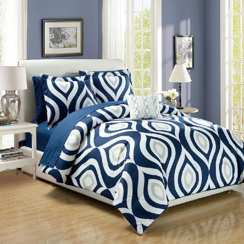 Queen - size comforters for standard queen - sized mattressesBrooklyn Navy Blue Print 8-Piece Bed in a Bag Set