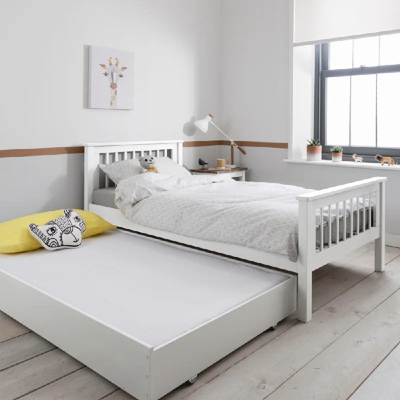 Bamboo - charcoal infused mattresses for odor absorptionHampshire Single Bed Frame with Olaf pull out Trundle in White